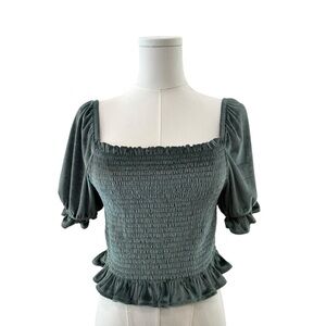 Women's Large Cropped Smocked Bodice Puff Sleeve Ruffle Hem Cottagecore Soft Top